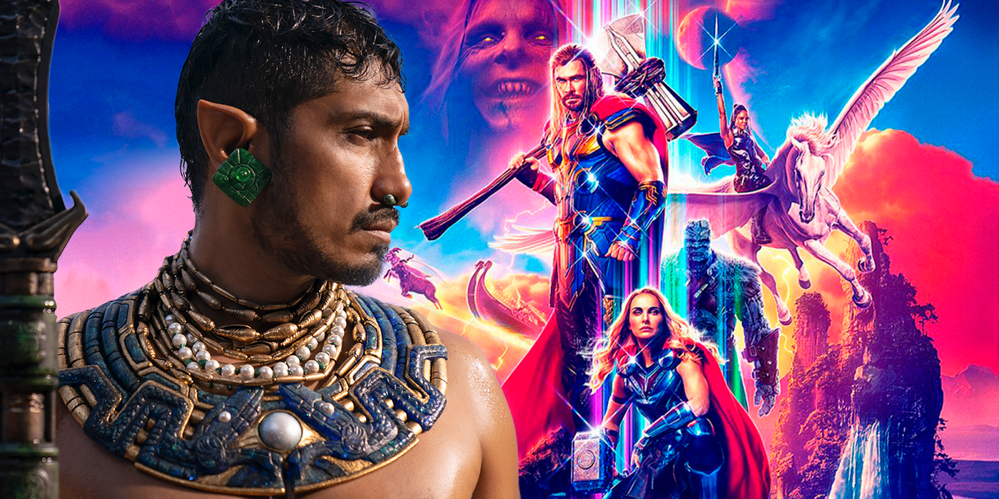 Black Panther 2's Tenoch Huerta's Namor looks out at the cast of Thor: Love and Thunder
