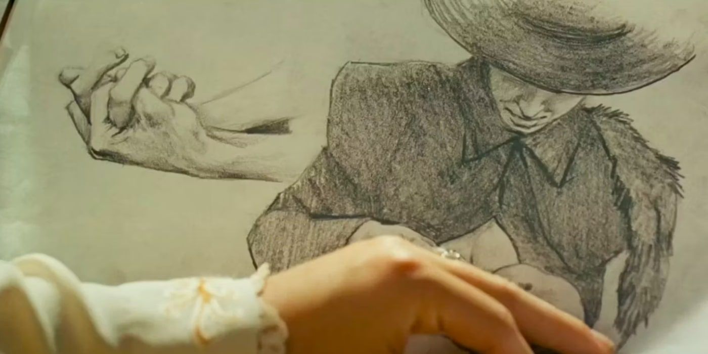 Rose places her hand over one of Jack's sketches from Titanic