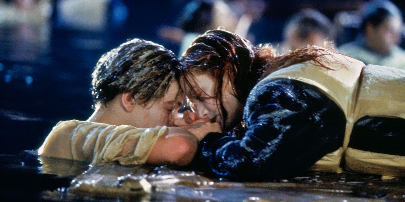 Jack and Rose huddled together in the water in Titanic.
