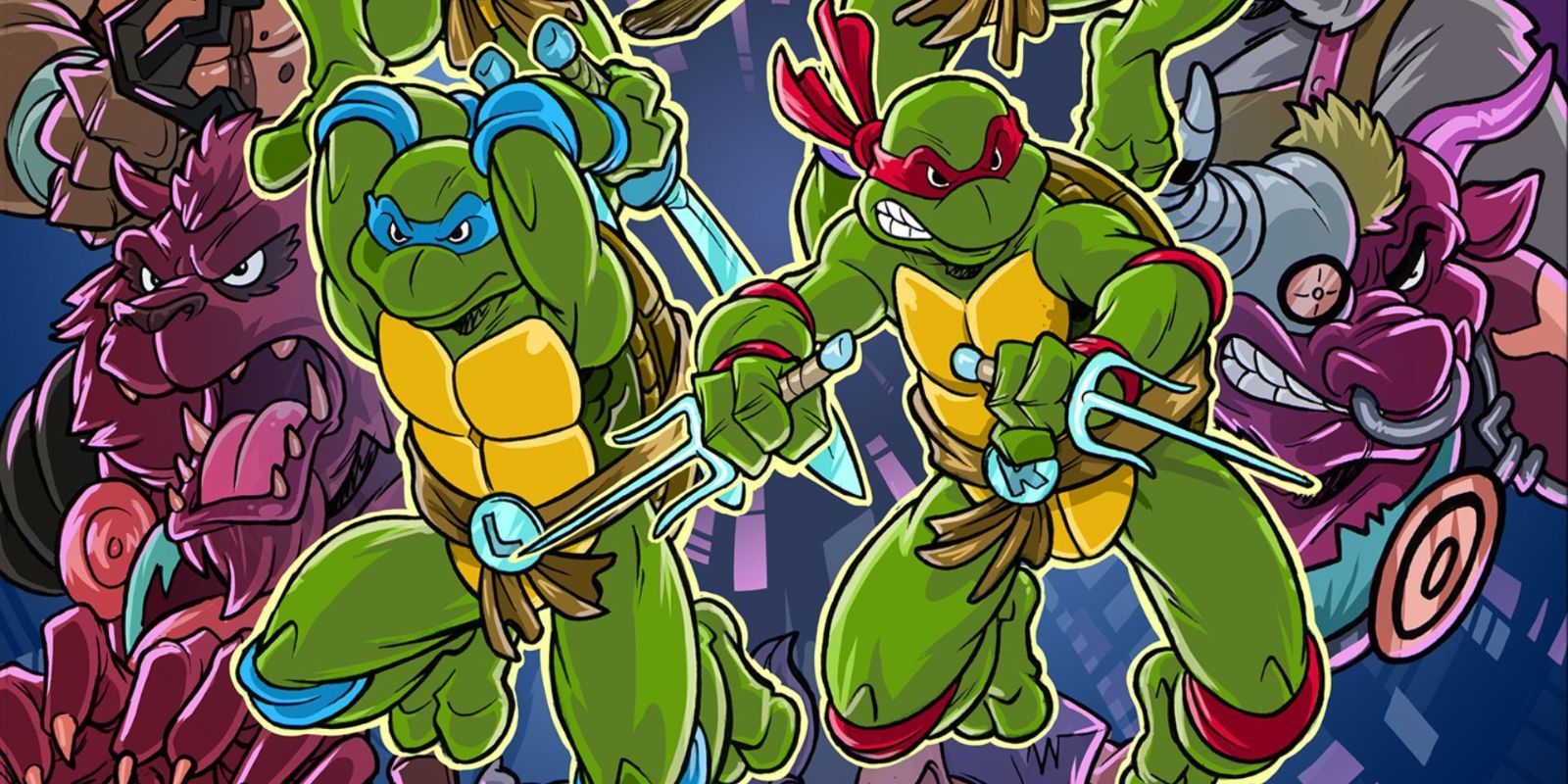 Leonardo and Raphael from the 1987 TMNT cartoon leaping into action