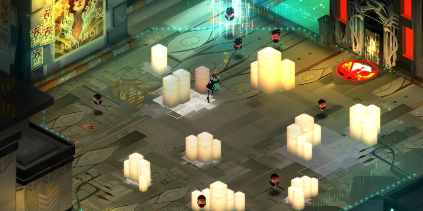 A player navigating a room in the Transistor game