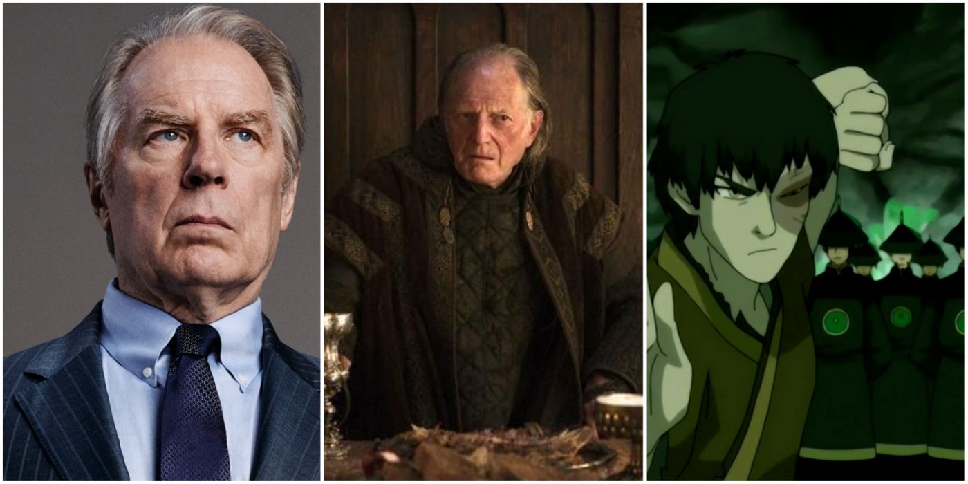 A split image showing Chuck McGill from Better Call Saul, Walder Frey from Game of Thrones, and Prince Zuko from Avatar: The Last Airbender