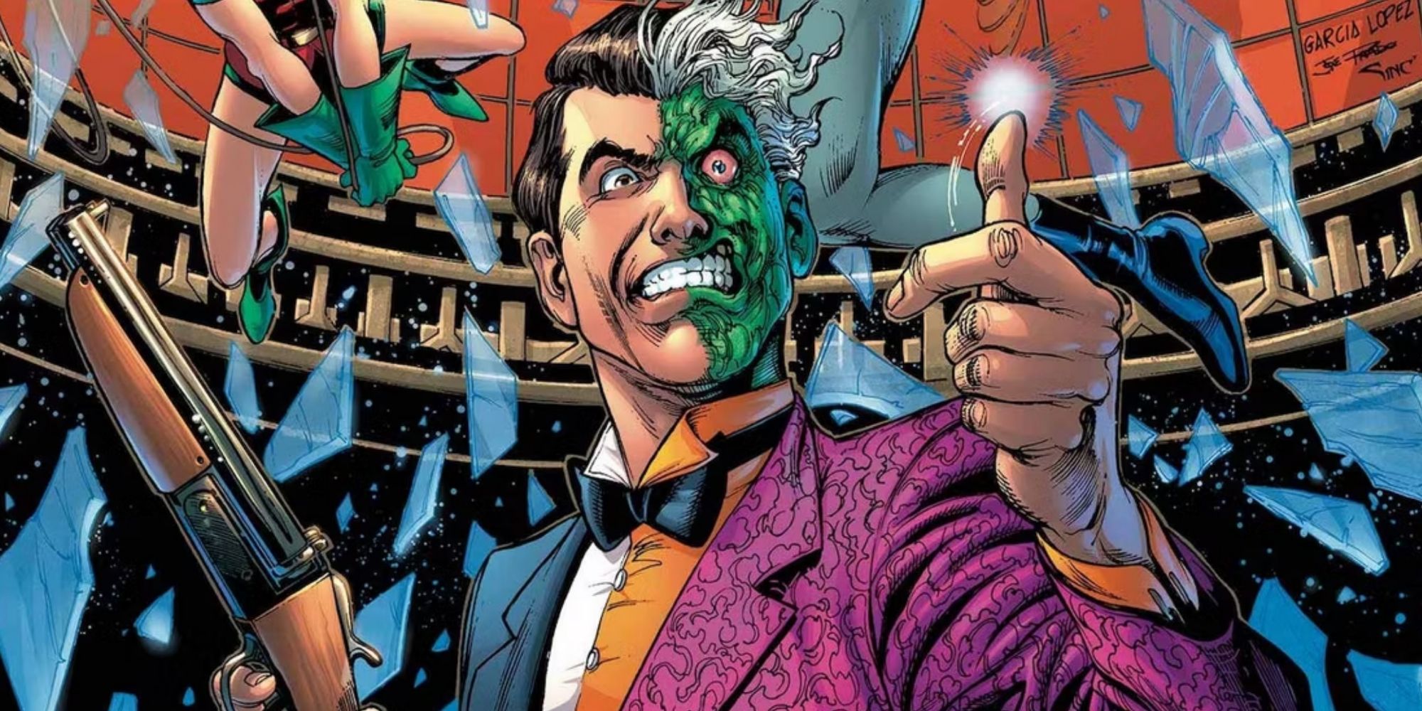Two-Face flipping his coin as Batman and Robin converge on him in DC Comics.