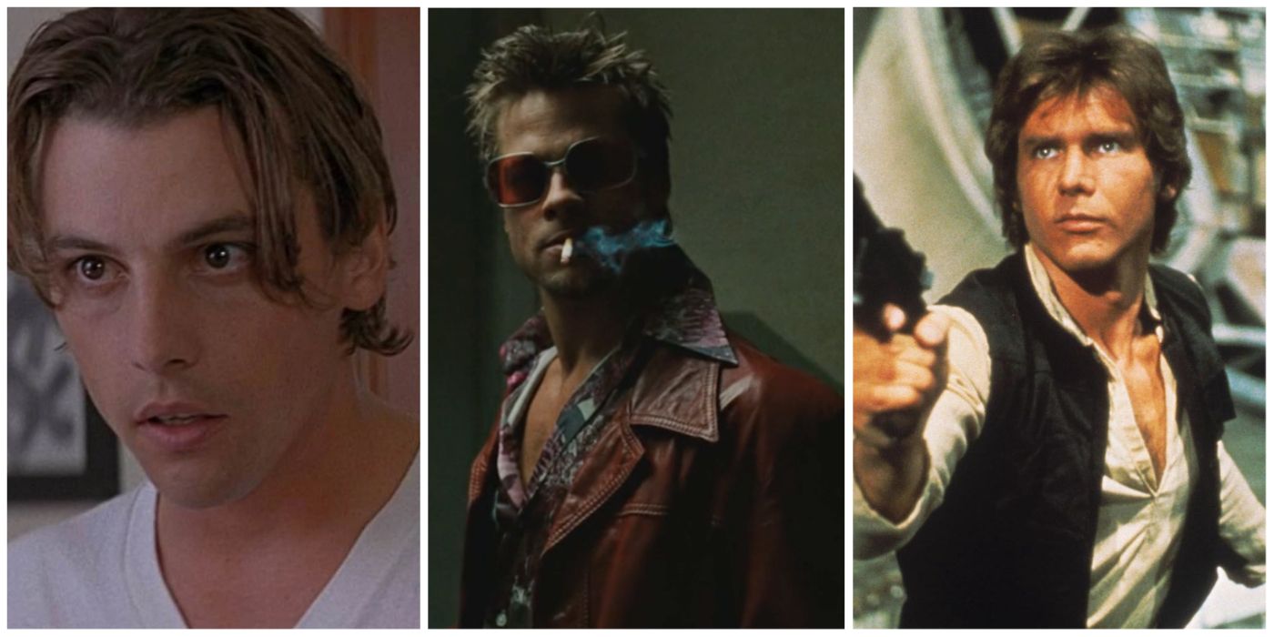 Tyler Durden from Fight Club, Han Solo from Star Wars, and Billy Loomis from Scream split image
