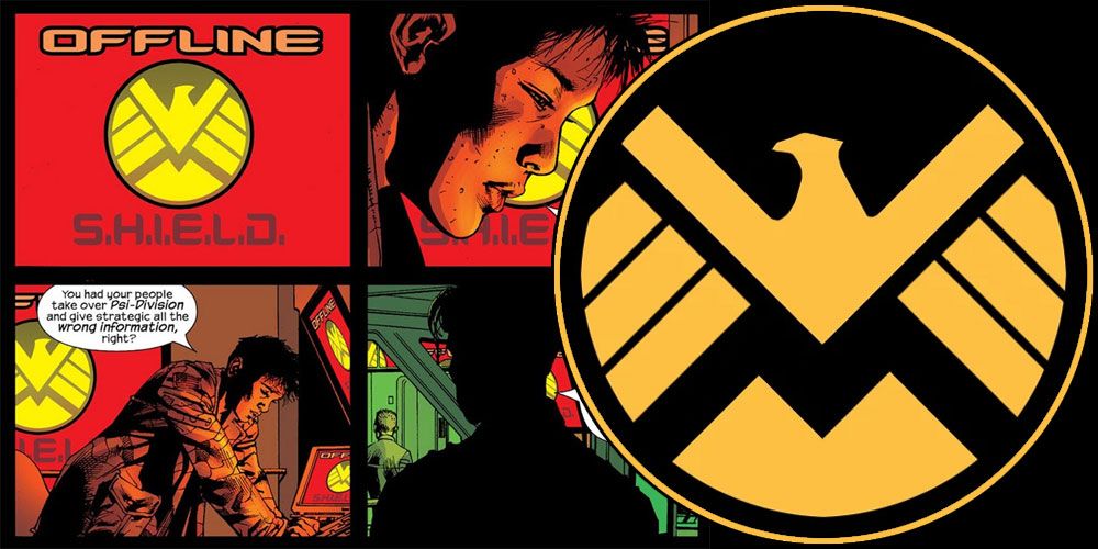 SHIELD logo over the Wasp scene from Ultimates captured at SHIELD HQ - Marvel Comics