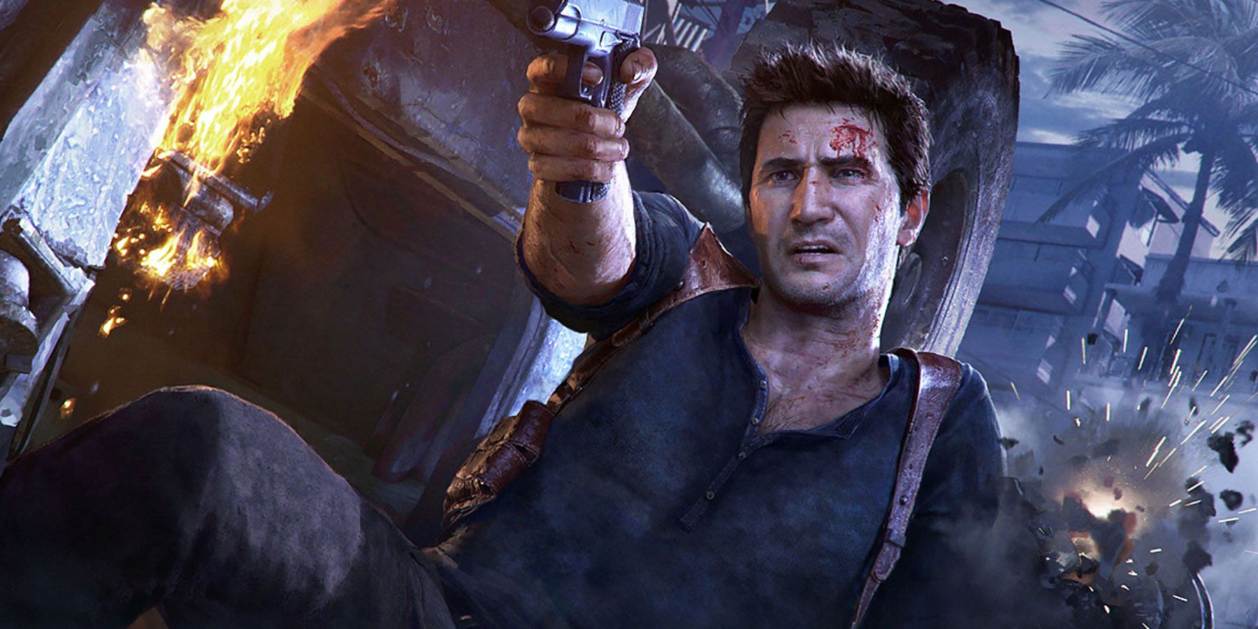 Nathan Drake apontando uma arma na frente de um fundo de ação explosiva.