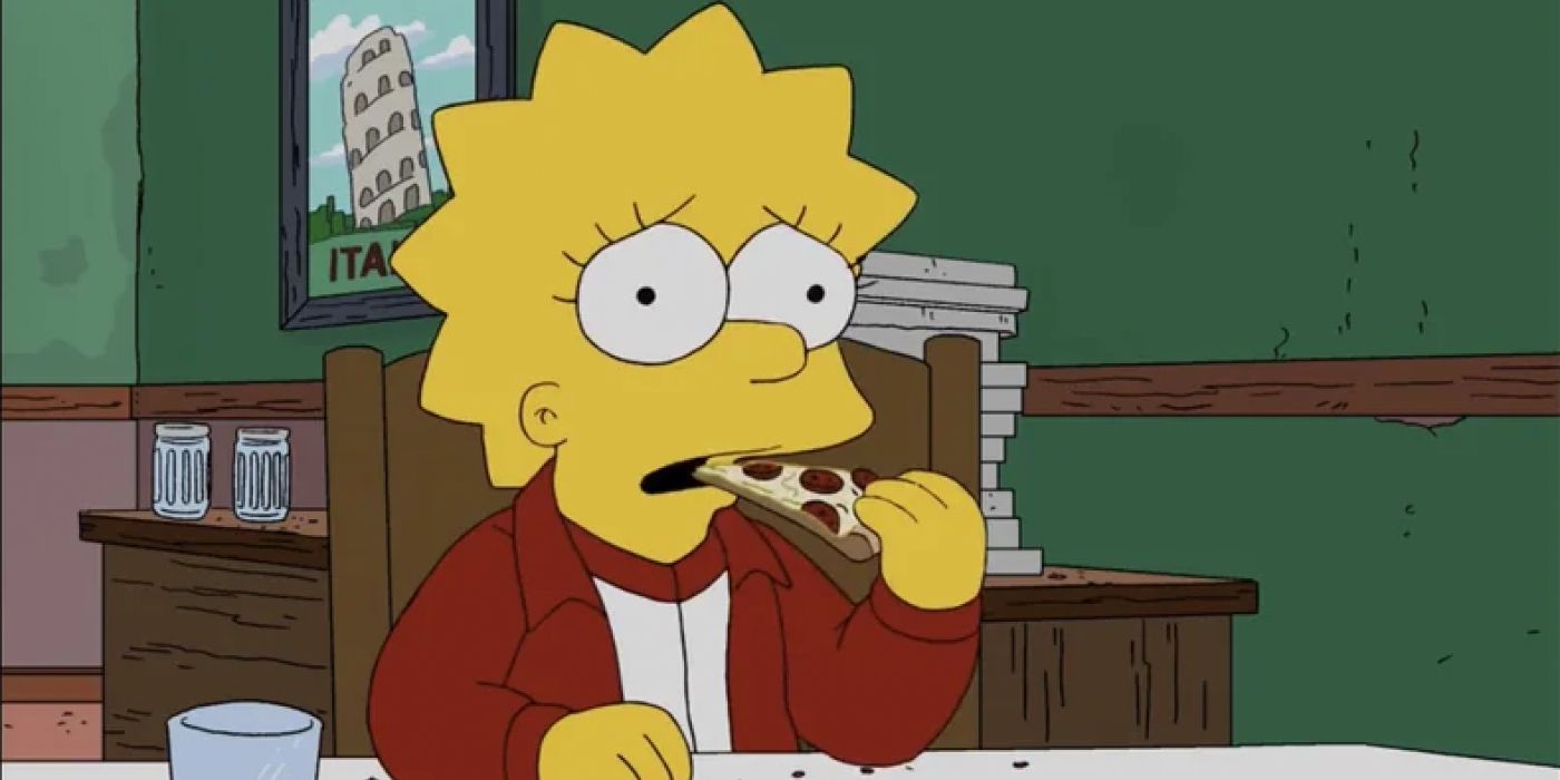 Lisa eating pizza in The Simpsons