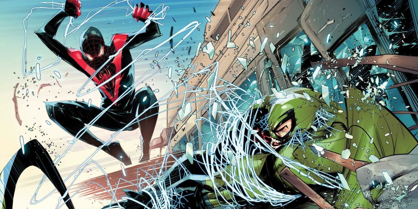 Miles Morales as Spider-Man fighting the Scorpion in Marvel Comics.