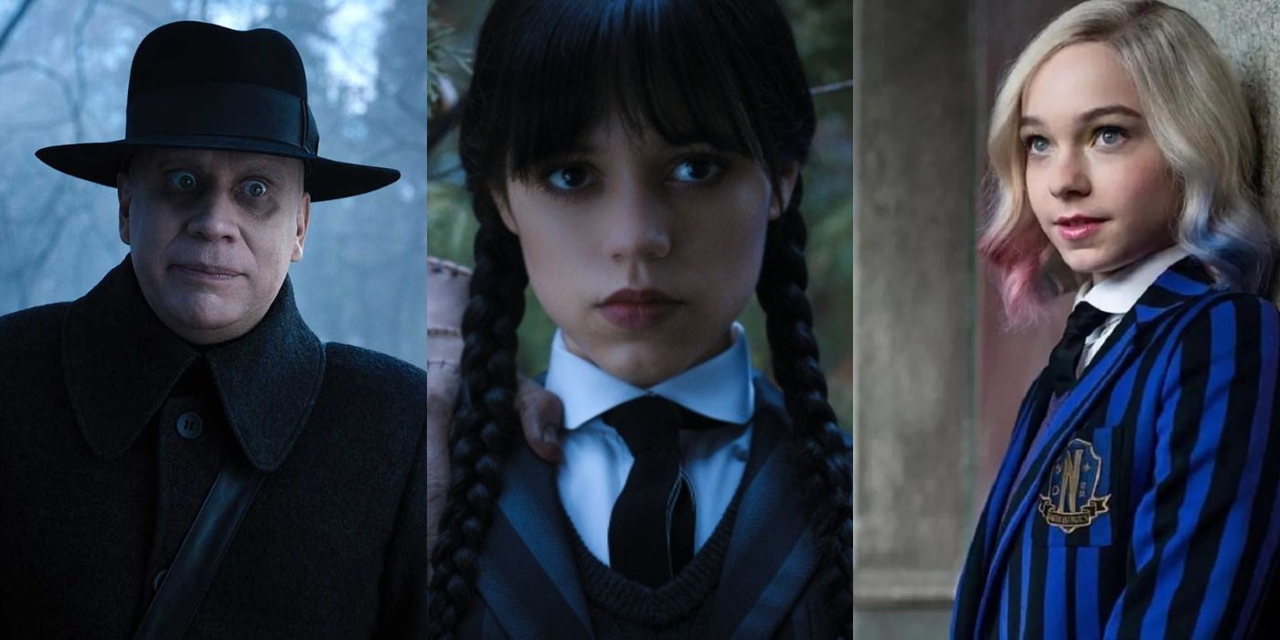 Fester Addams wearing a hat and coat in the woods; Wednesday Addams in the woods with Thing on her shoulder; Enid Sinclair learning against a wall looking up and to the left offscreen in Wednesday. 