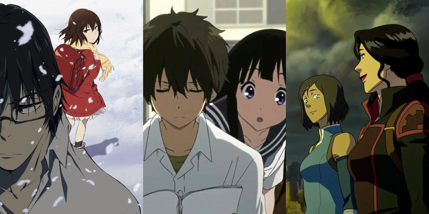 Adult Satoru Fujinuma looking away from a young Kayo Hinazuki from Erased; Eru Chitanda looking over Houtarou Oreki’s shoulder in Hyouka; Korra and Adam looking at each other before walking into the Spirit Portal in The Legend of Korra. 