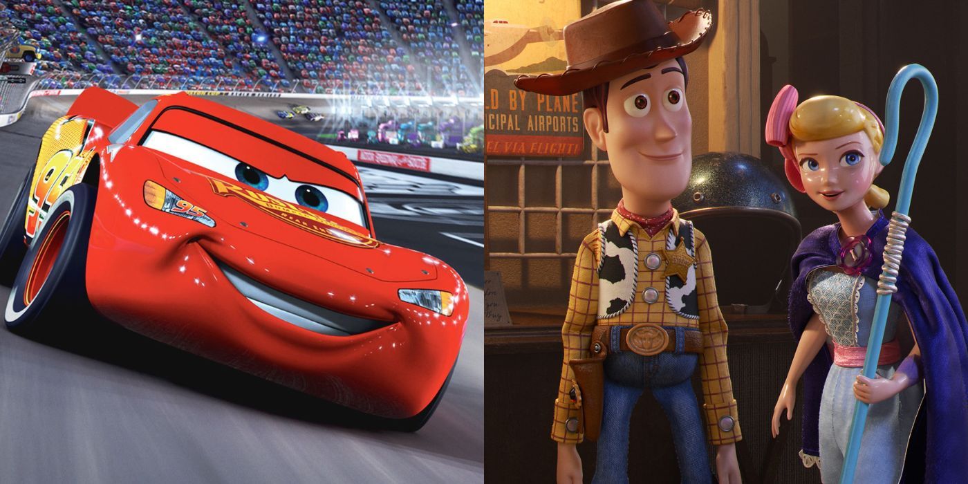 Lightning McQueen racing in Cars; Woody and Bo Peep partnering up in Toy Story 4. 