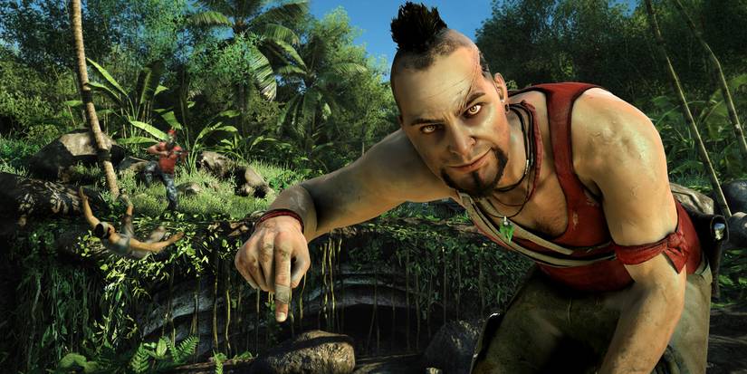 Vaas Montenegro after pressing a button that caused an explosion in the background in Far Cry 3 Classic.