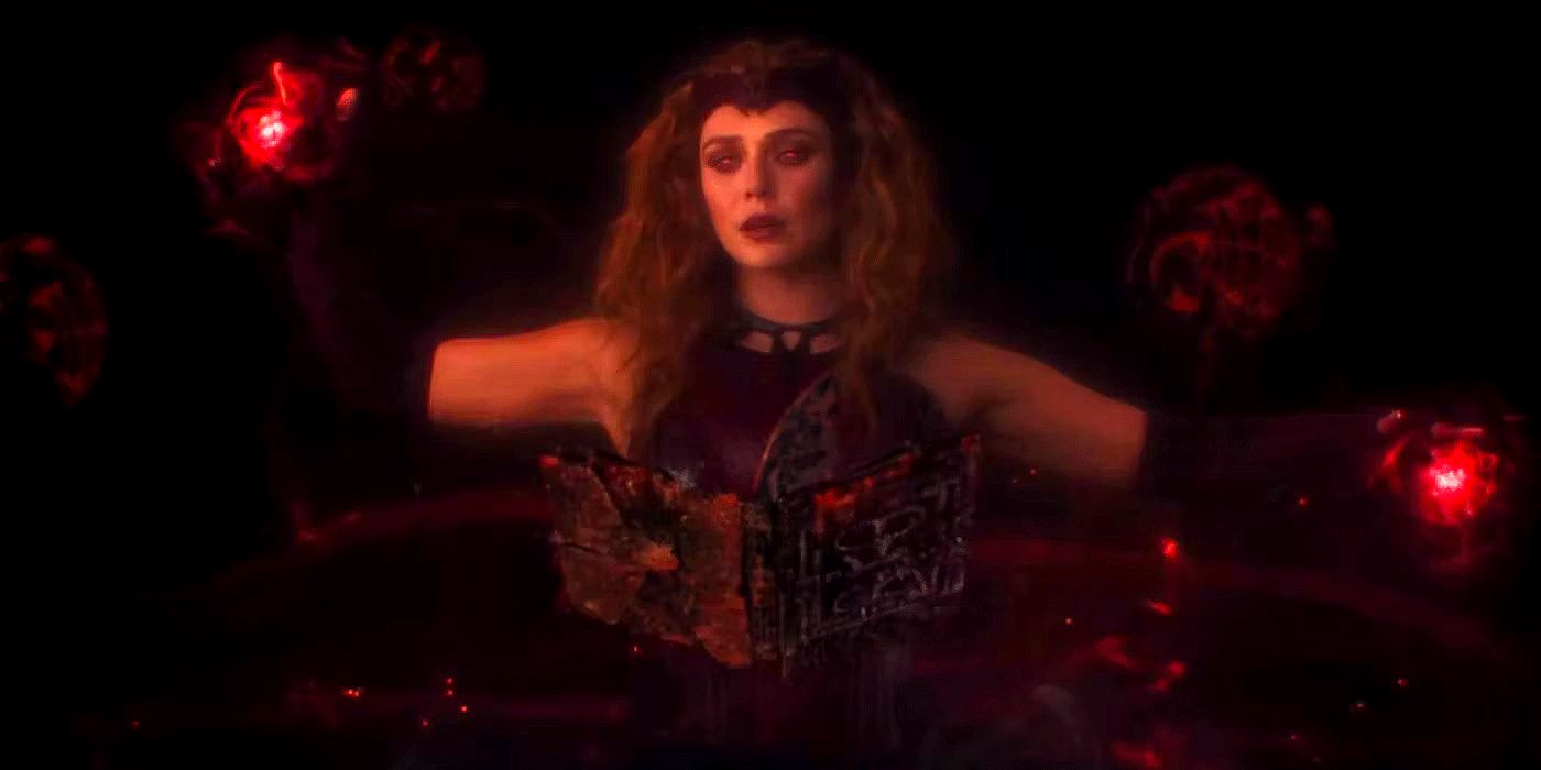 Wanda Maximoff with the Darkhold in WandaVision's post-credits scene