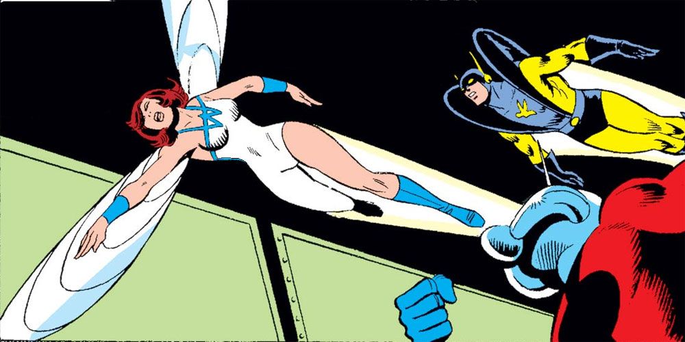The Wasp in her blue-and-white costume leading Yellowjacket and Ant-Man - Marvel Comics