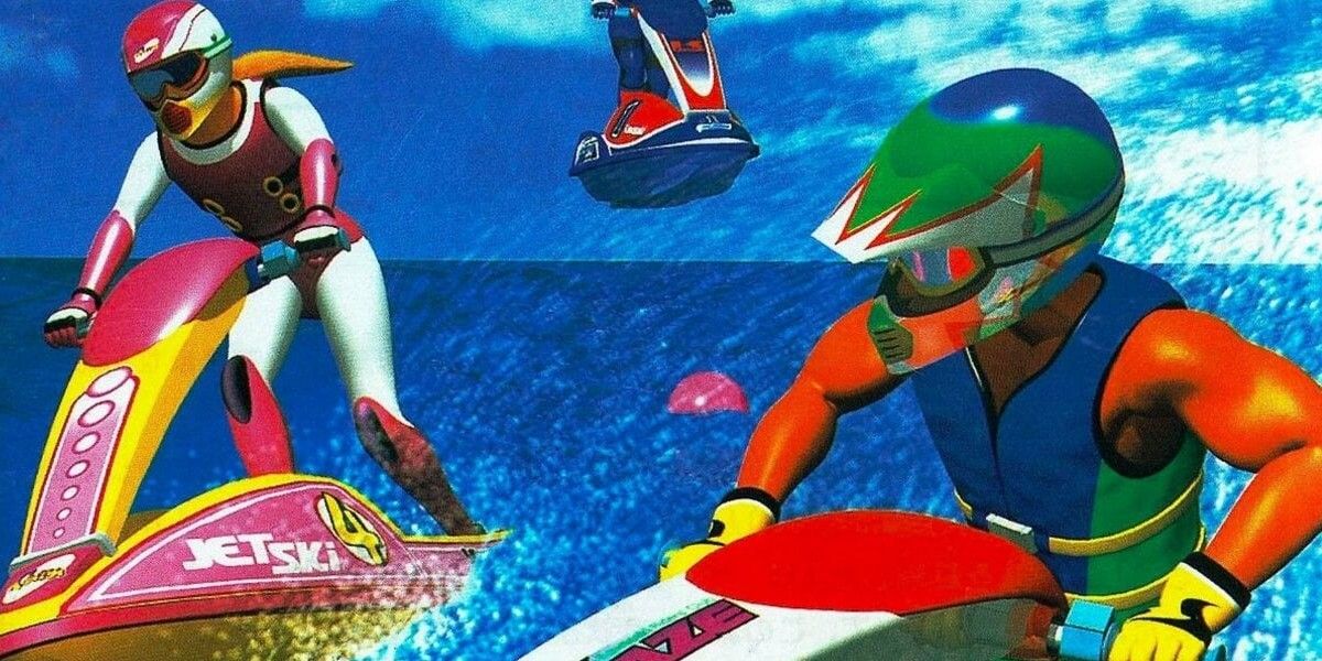 Three of the characters racing on jet skis