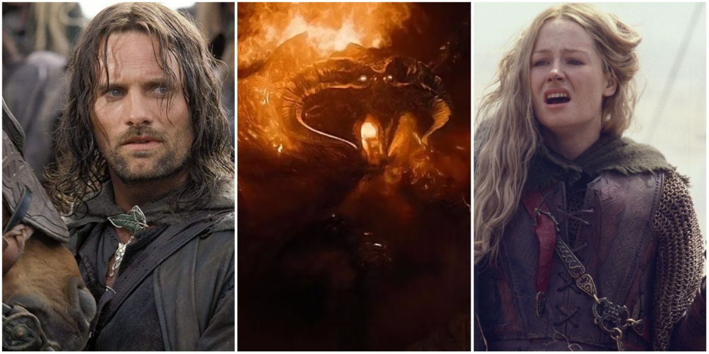 A split image showing Aragorn, the Balrog, and Eowyn in The Lord of the Rings film trilogy