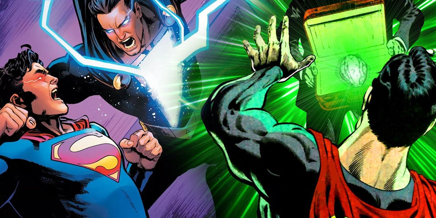 Superman fighting Black Adam and getting exposed to Kryptonite split image