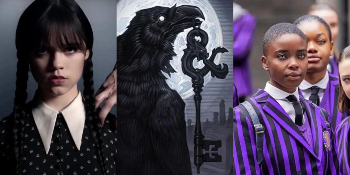 Wednesday glaring with Thing on shoulder (left); Raven holding a key in the shape of the DnD logo (center); Bianca in school uniform (right)
