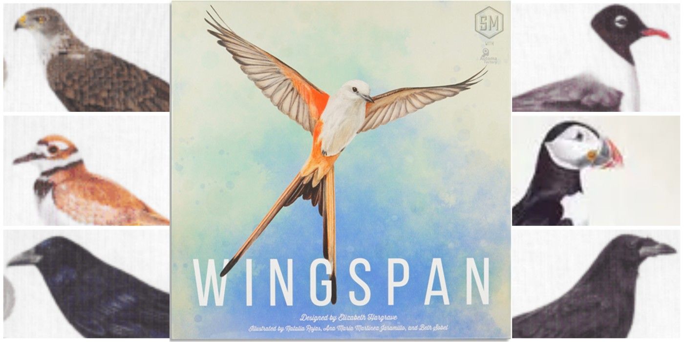 A collage of several bird illustrations from the board game Wingspan, with the game's box art in the center