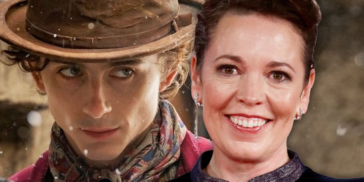 Olivia Colman is featured beside Timothée Chalamet from Wonka