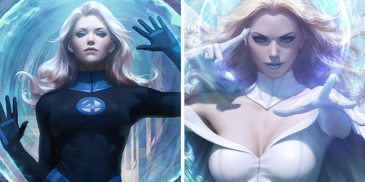 split image of Invisible Woman and Emma Frost by Artgerm
