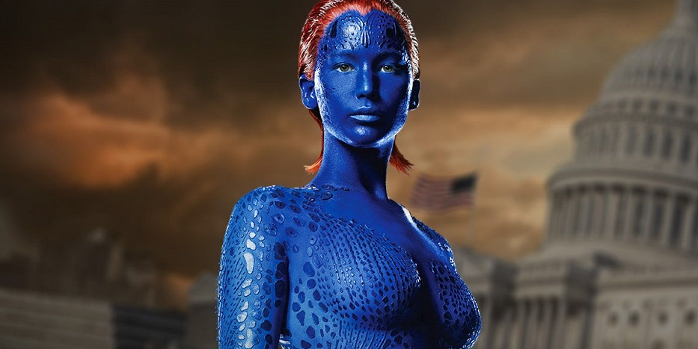 Mystique (Jennifer Lawrence) from the live-action X-Men films in front of art of the US Captital