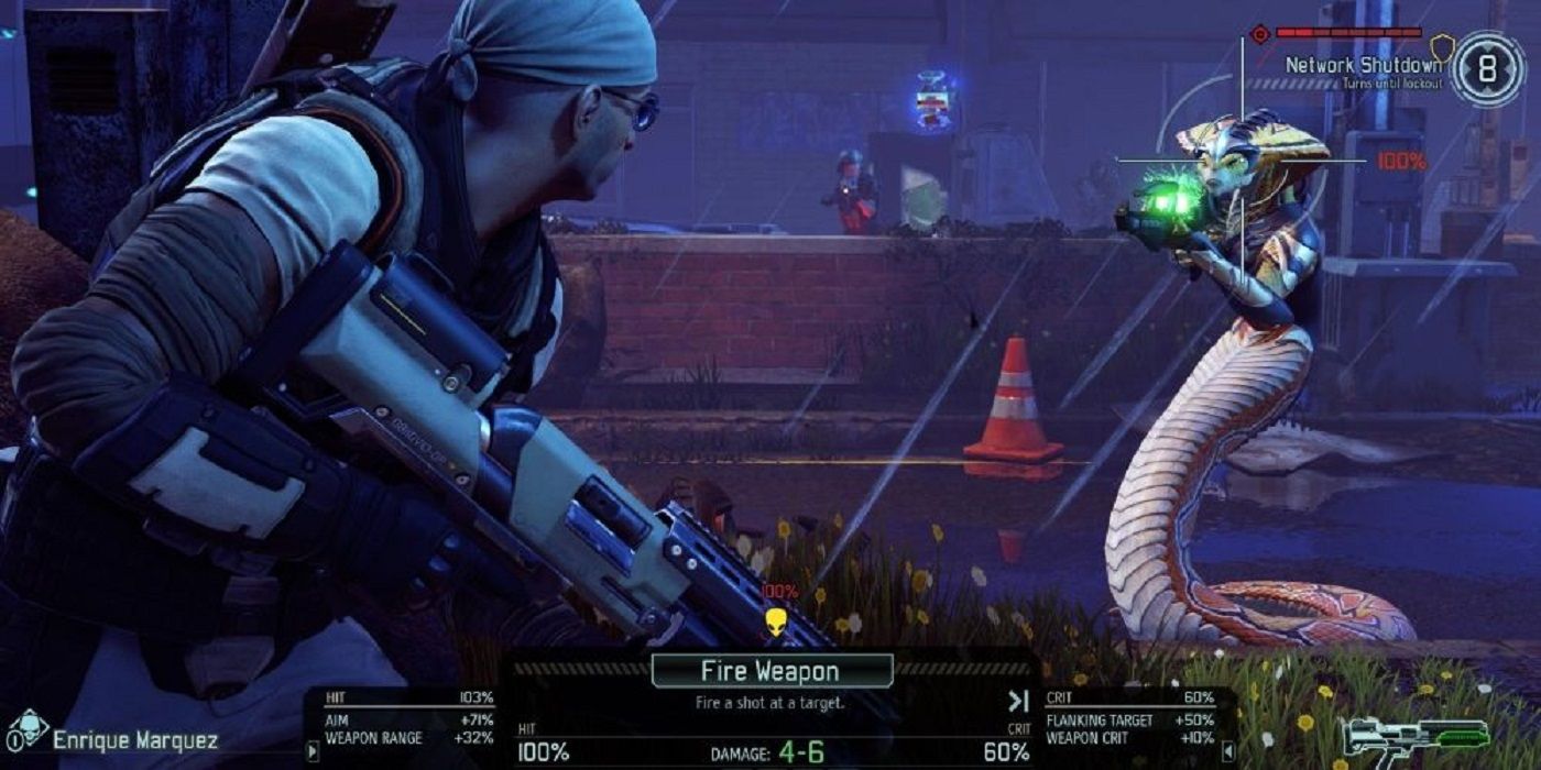 A soldier prepares to take fire from a snake-like enemy with a gun in XCOM 2
