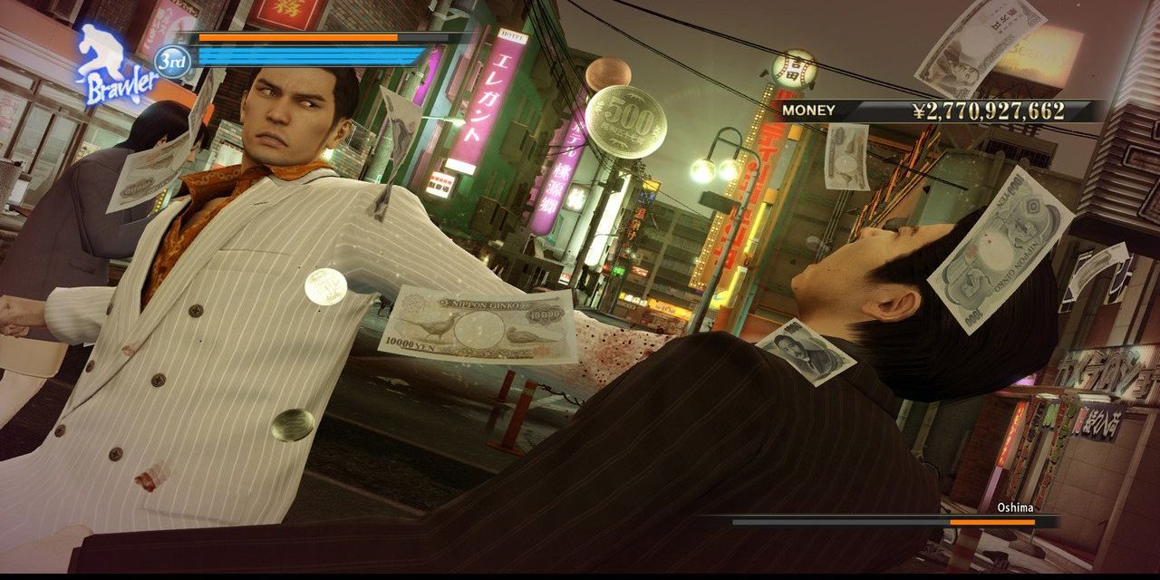 Kiryu dá um soco oshima com dinheiro voando em todos os lugares em Yakuza 0