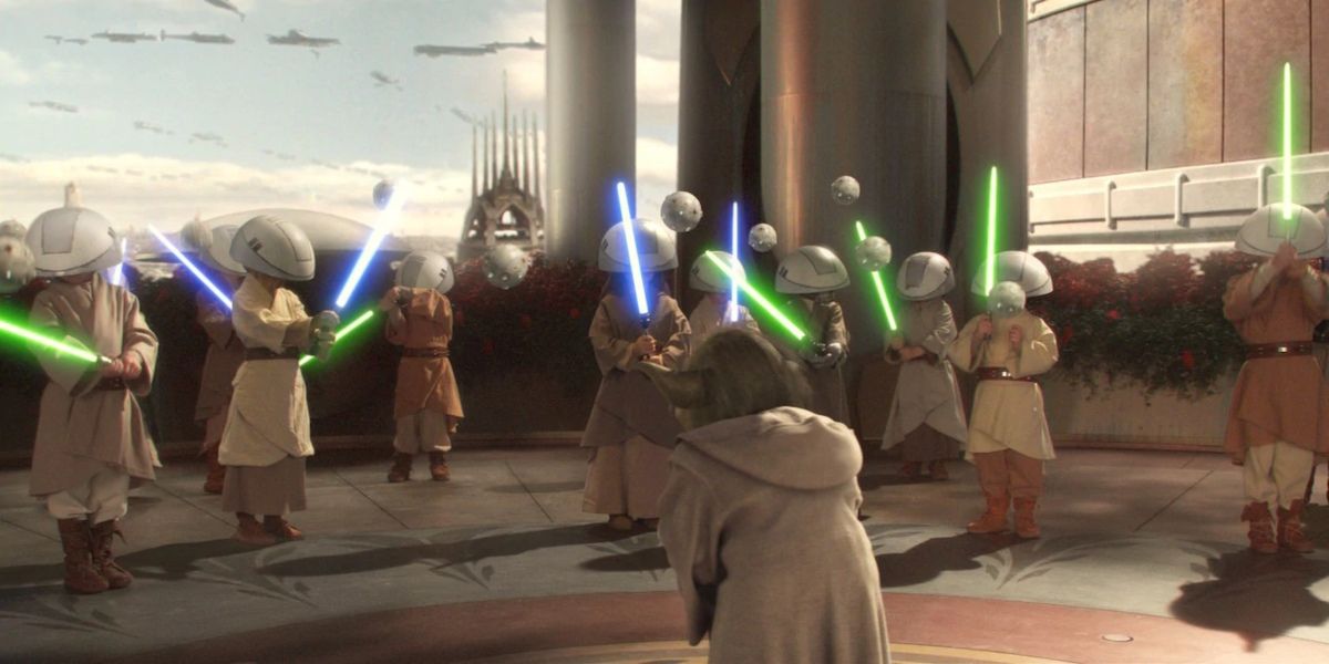 Yoda treinando um grupo de Younglings em Star Wars Episódio II: Ataque dos Clones