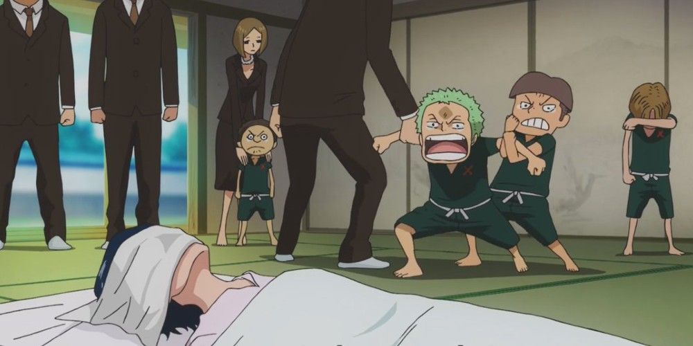 Zoro shouts at Kuina's body in One Piece