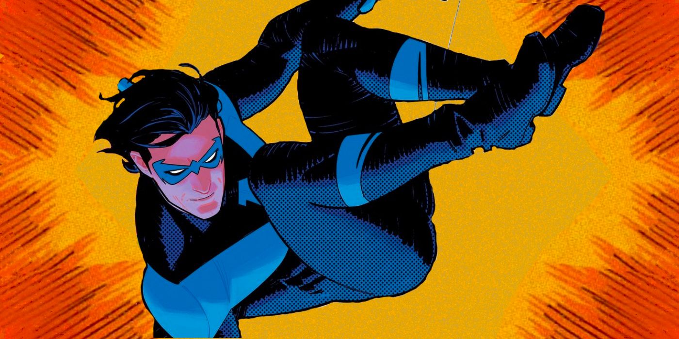 Image of Nightwing swinging on grappling line on an orange background