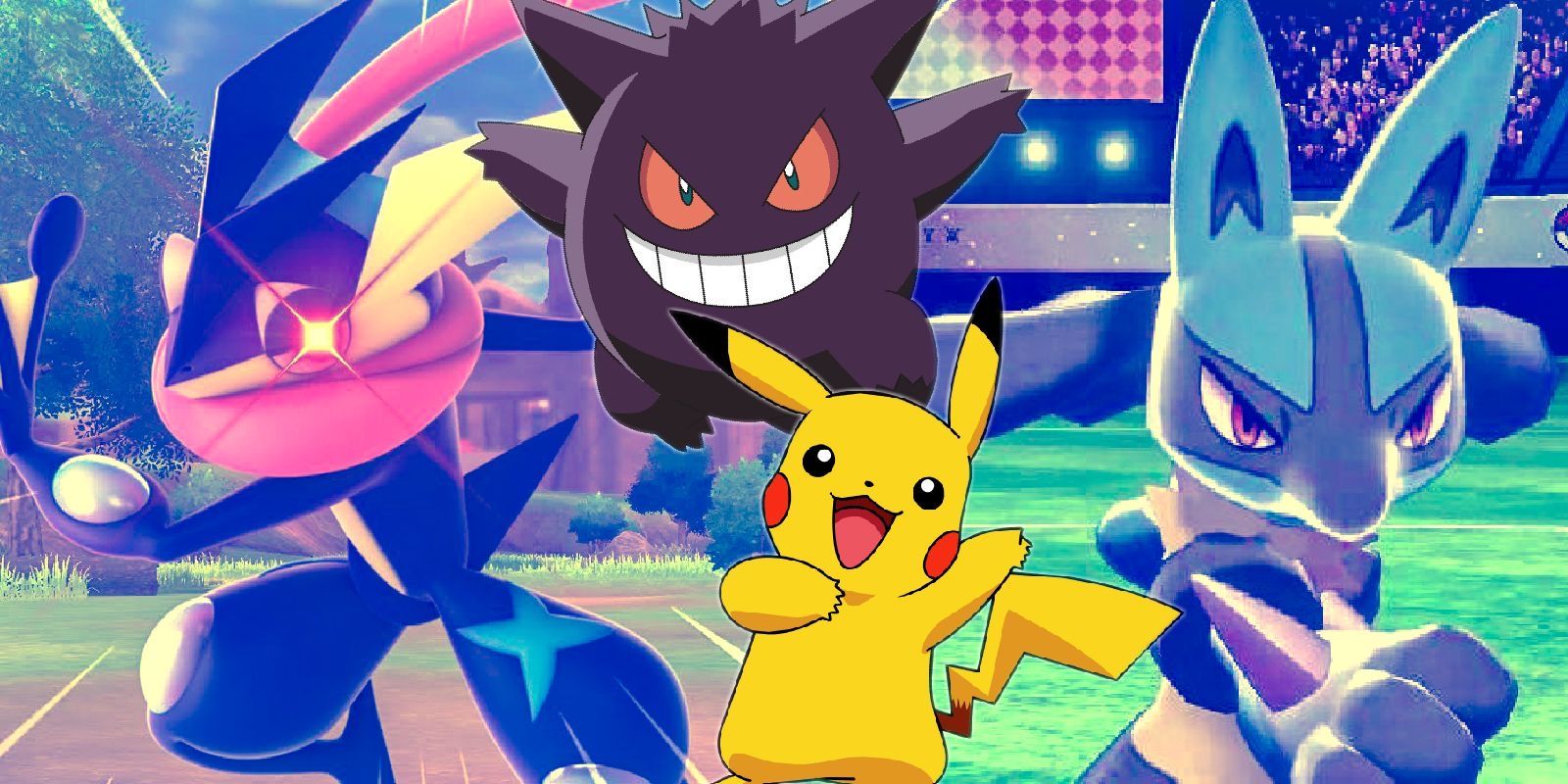 A composite image of Gengar, Pikachu, Greninja, and Riolu from Pokemon gamesand anime