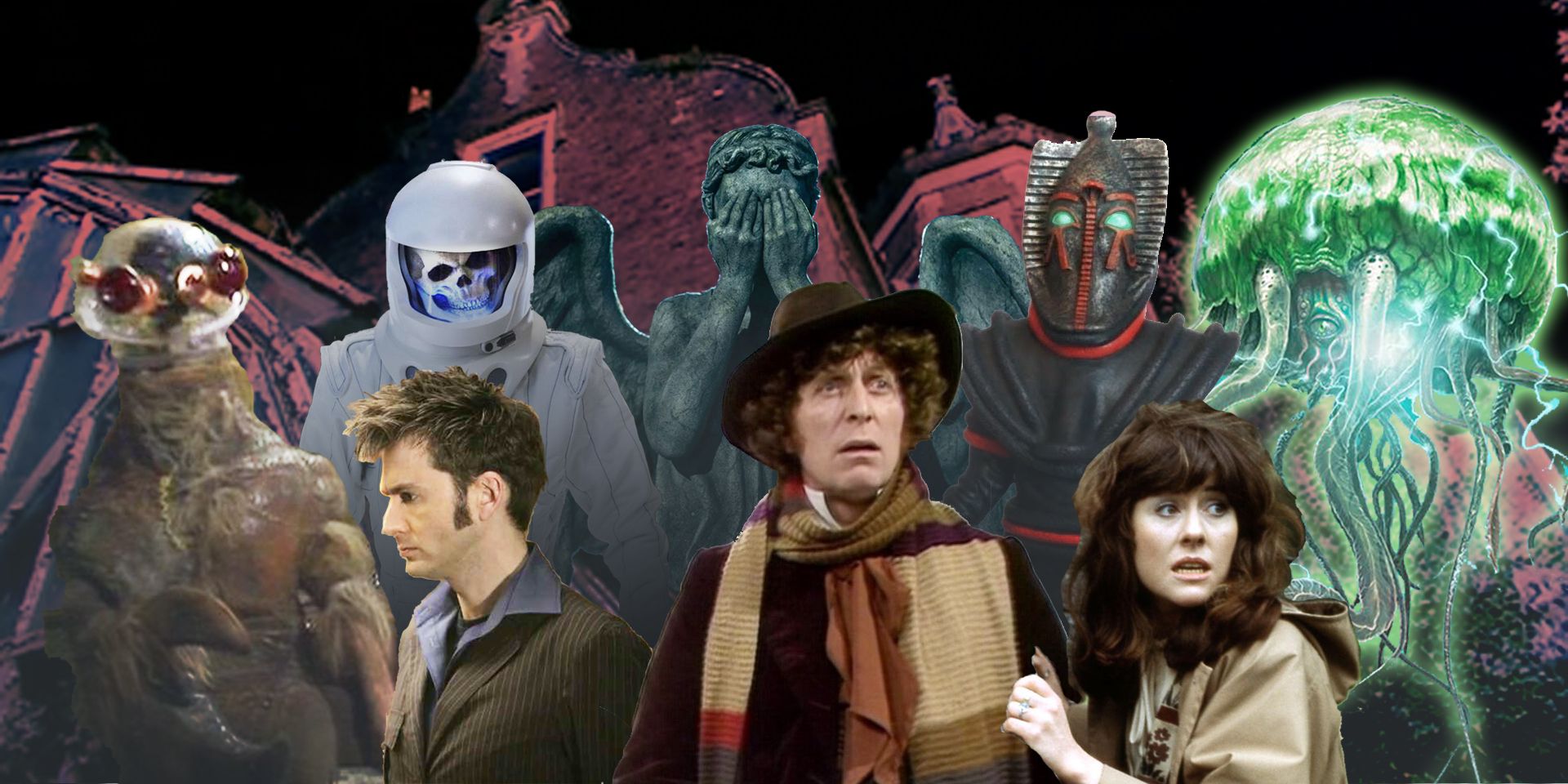 The Doctor and Sarah Jane stand in front of the series' best monsters.