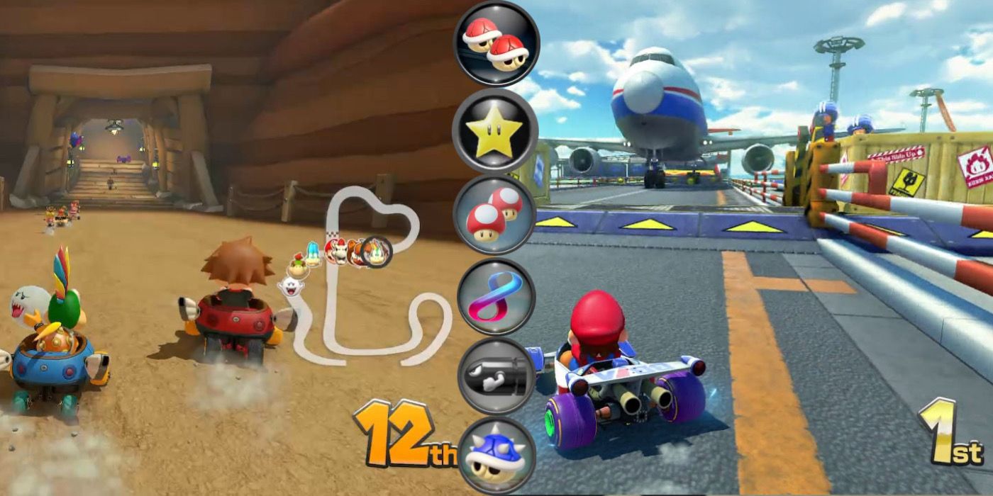 A spit image of a Mario Kart racer in 12th place and a Mario Kart racer in first place.