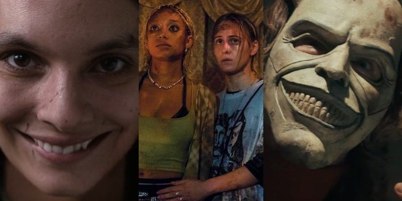 10 Best Psychological Thrillers Of 2022 Feature Image: the first victim in Smile, Bee and Sophie from Bodies, Bodies, Bodies, and the Grabber from the Black Phone.