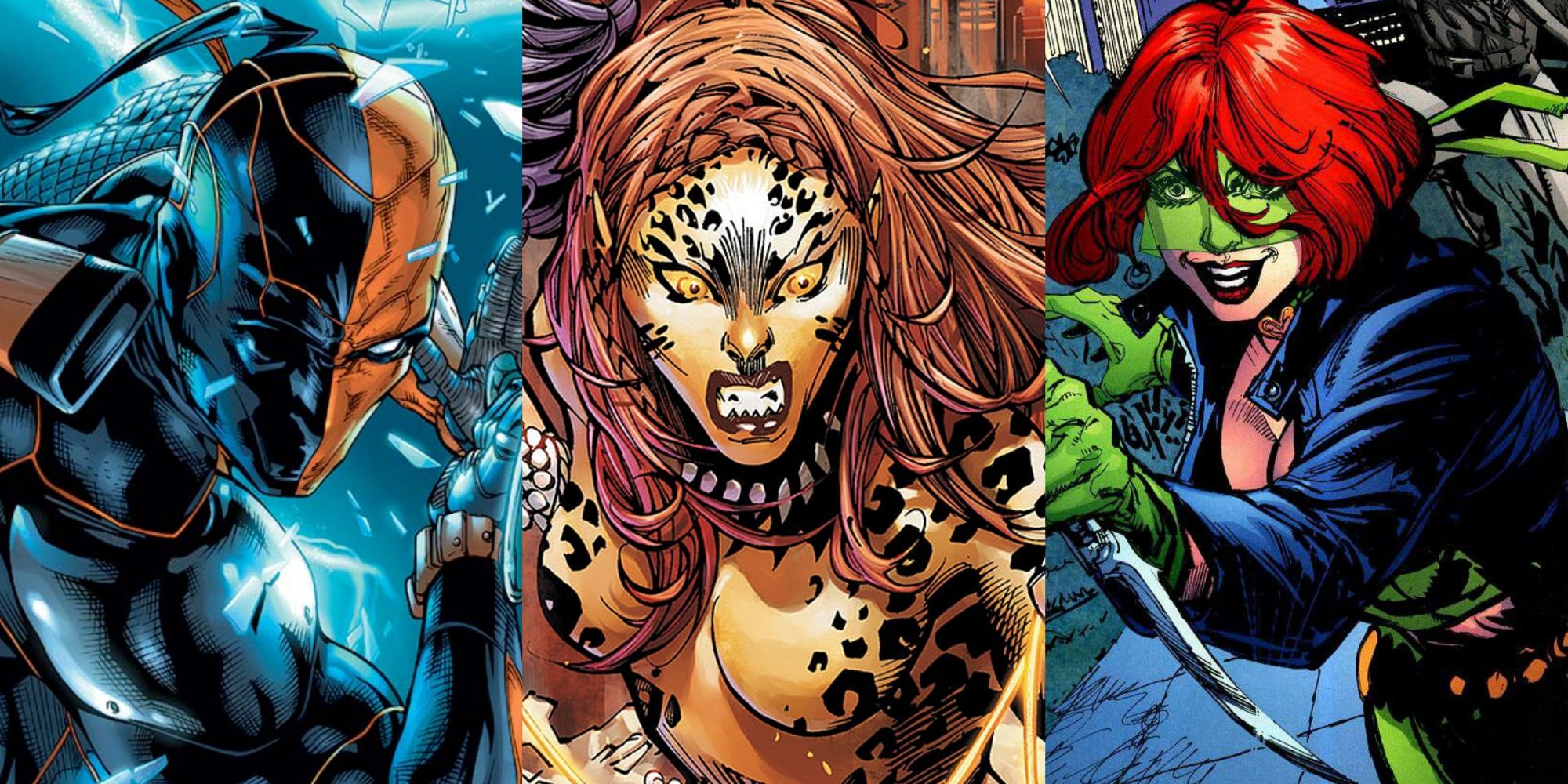 10 DC Villains Who Got Their Powers From Someone Else; split image of Deathstroke, Cheetah, and Cupid
