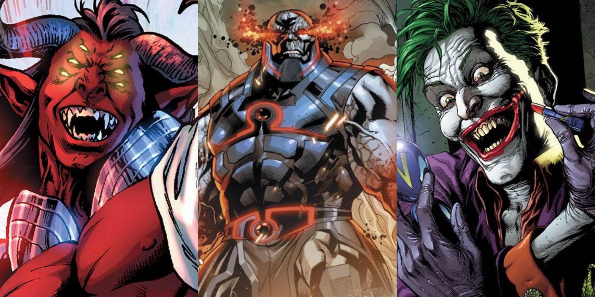 split image of Trigon, Darkseid, and Joker