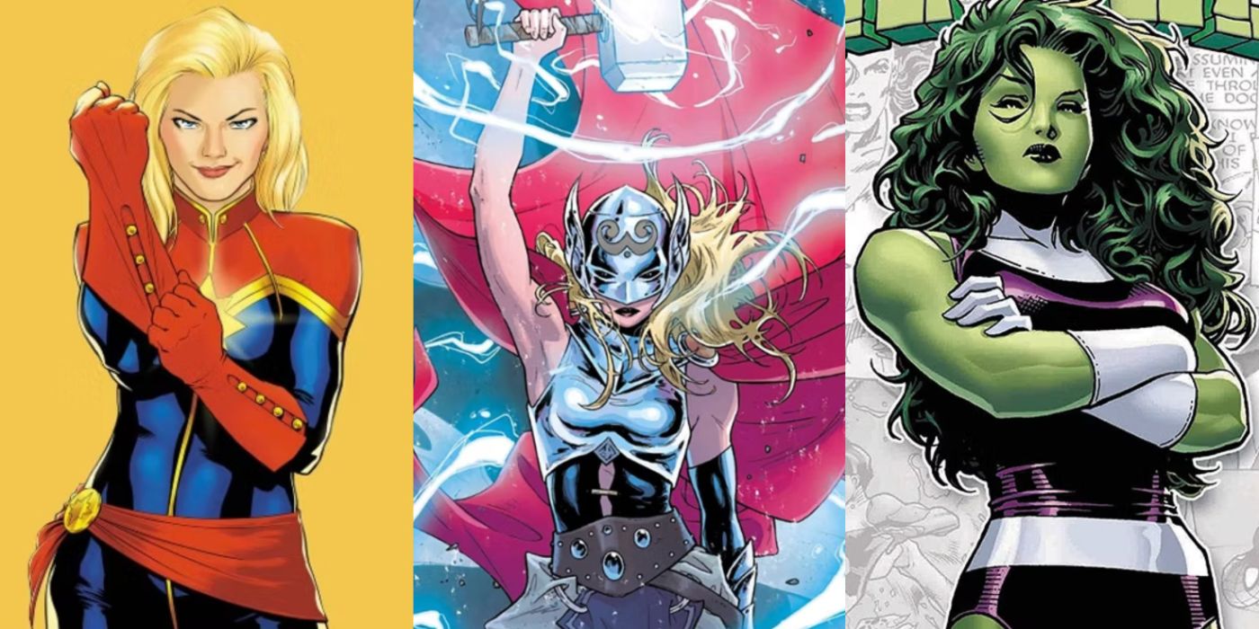 A split image of Captain Marvel, Mighty Thor, and She-Hulk from Marvel Comics