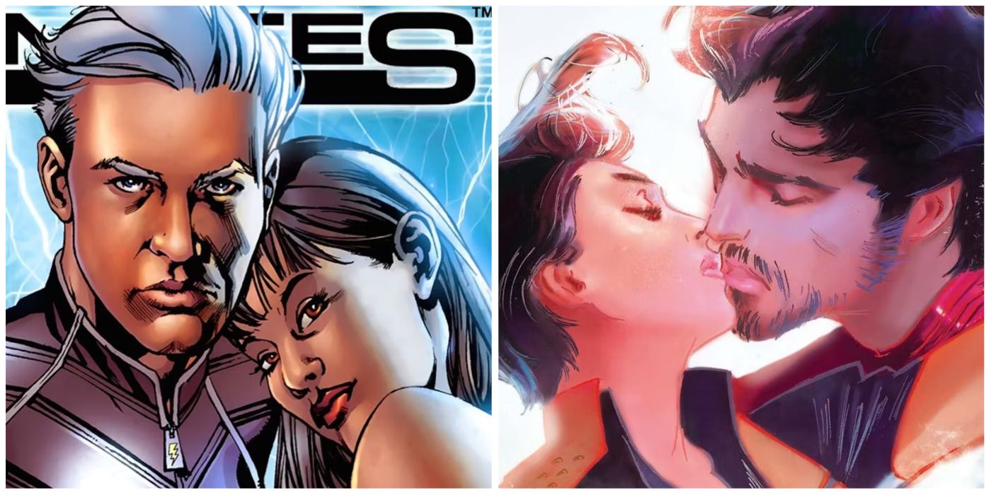 Split image of Ultimate Quicksilver & Scarlet Witch and Tony Stark and Wasp in Marvel Comics