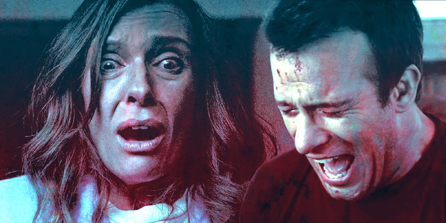 Split image of a horrified Annie from Hereditary and David Drayton in The Mist