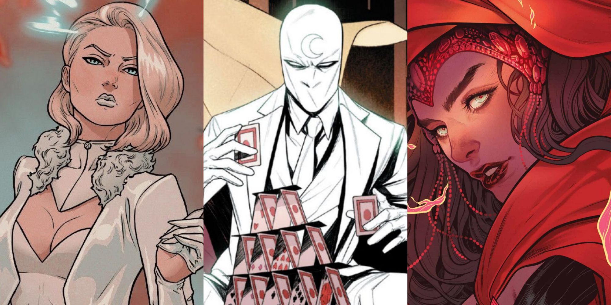 A split image of Emma Frost, Moon Knight, and Scarlet Witch in Marvel Comics