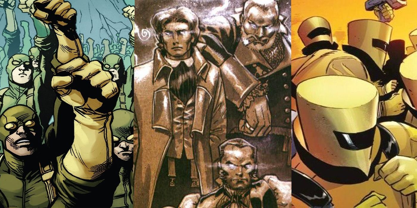 A split image of Hydra, Hellfire Club, and A.I.M from Marvel Comics
