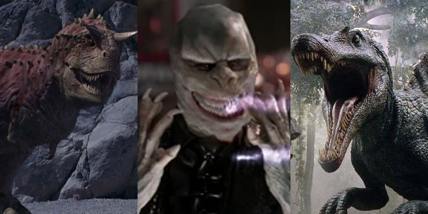 10 Scariest Movie Dinosaurs feature image: Carnator from Dinosaur, King Koopa from Super Mario Bros. and the Spinosaurus from Jurassic Park 3