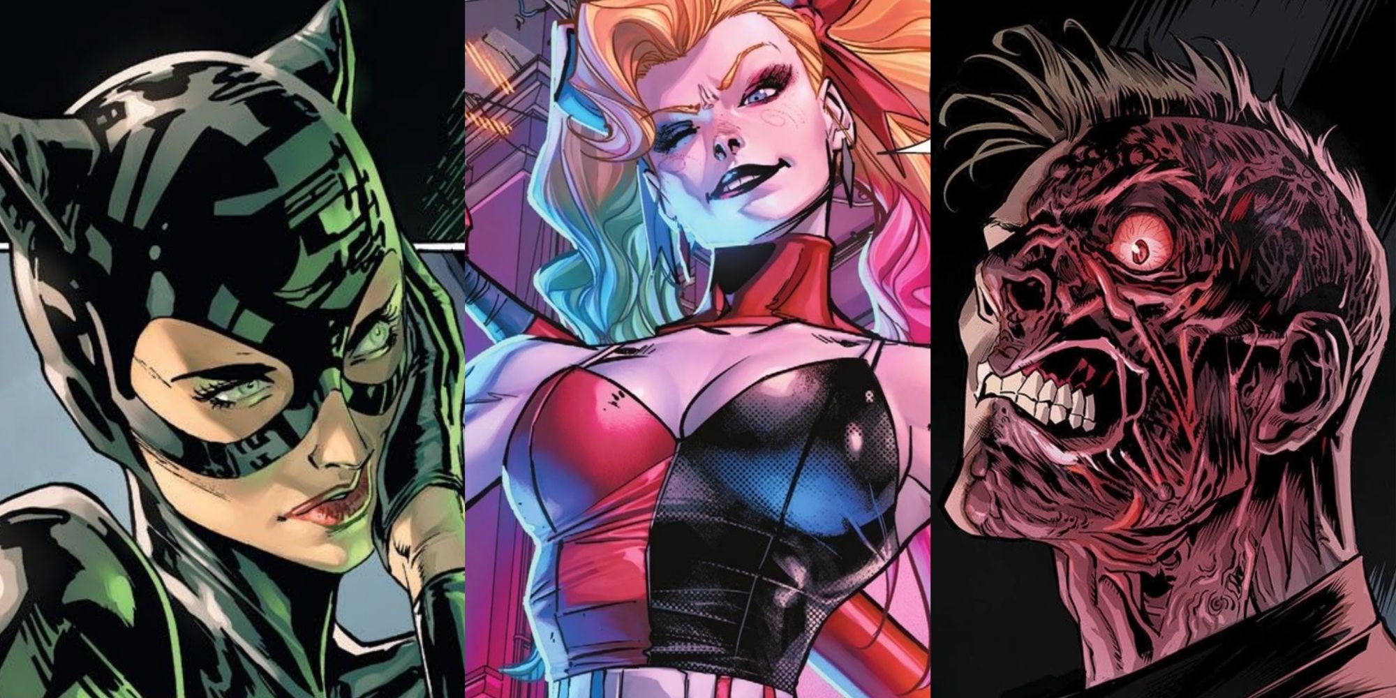 A split image of Catwoman, Harley Quinn, and Two-Face in DC Comics