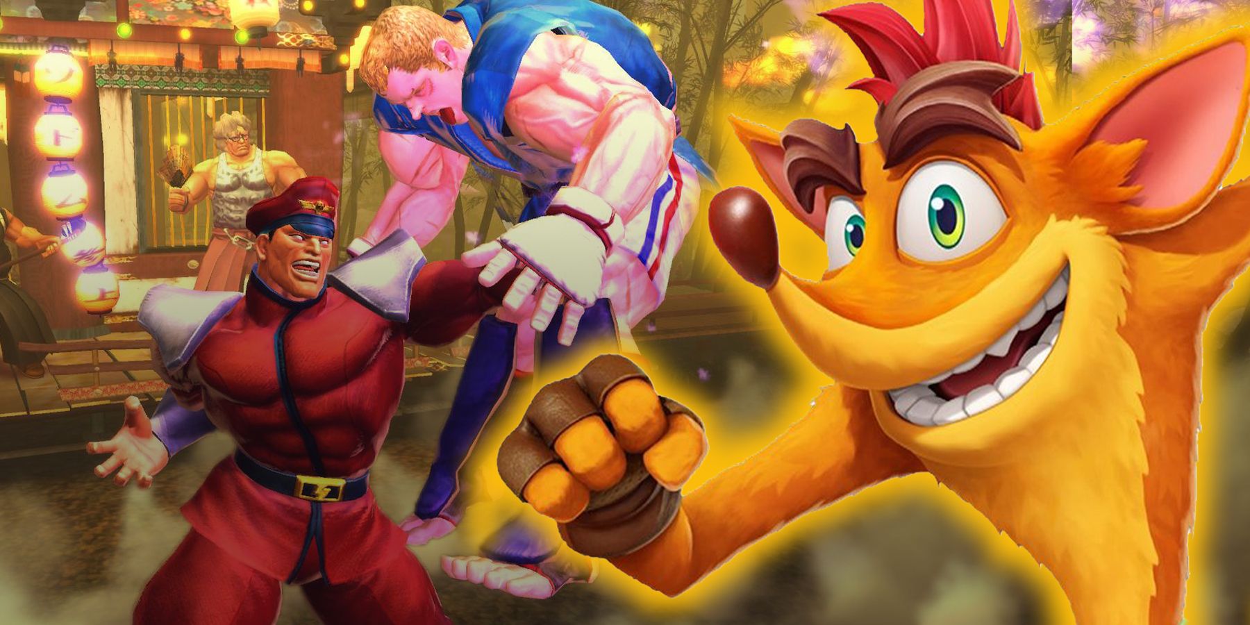 M. Bison punching Abel in Ultra Street Fighter IV with a smiling Crash Bandicoot from Crash Bandicoot 4: It's about Time