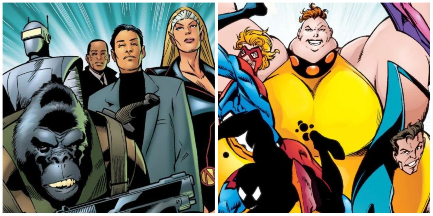 A split image of the Agents of Atlas and the Greak Lake Avengers from Marvel Comics