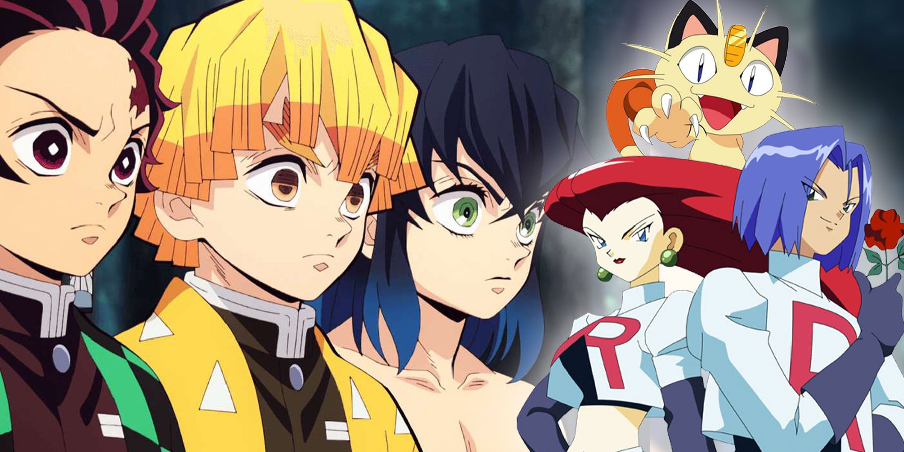 Jessie, James, & Meowth as Team Rocket (Pokémon) & Tanjiro, Zenitsu, & Inosuke (Demon Slayer)