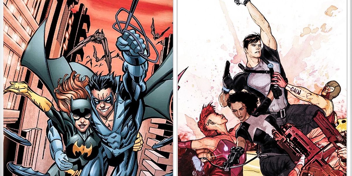 Split image between Nightwing and Barbara Gordon swinging through the city and Dick Grayson wrestling to win against everyone else
