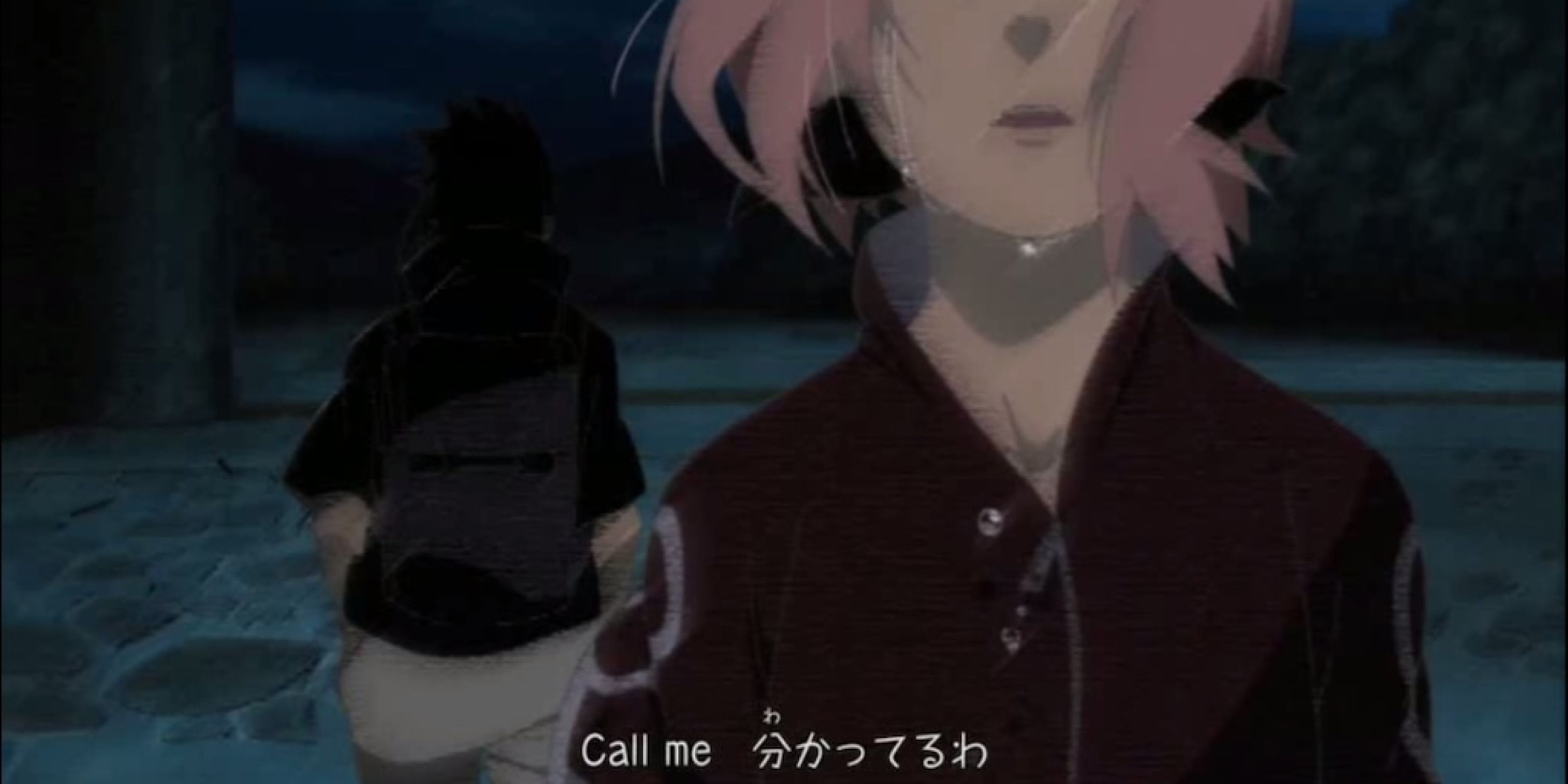 Sakura is distraught as Sasuke departs the village in Naruto.