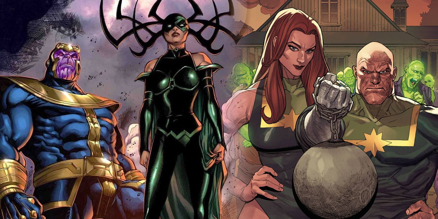Thanos and Hela with Titania and Absorbing Man split image